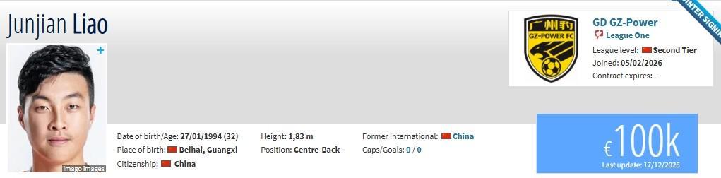 开云体育-德转：原梅州队长廖均健、原陕西门将陈俊旭加盟广州豹